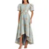 Mac Duggal Brocade High-low Gown With Puff Sleeves In Blue