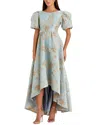 Mac Duggal Brocade High-low Gown With Puff Sleeves In Multi