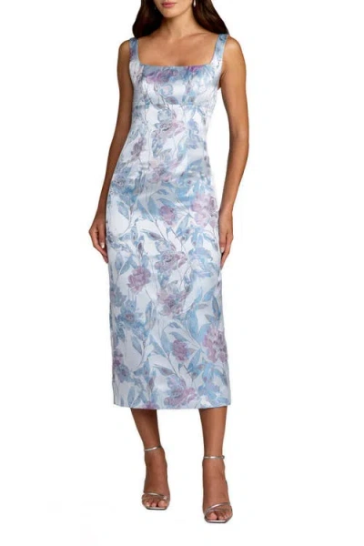 Mac Duggal Brocade Sleeveless Square Neck Midi Dress In Blue