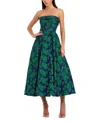 Mac Duggal Strapless Brocade A-line Midi Dress In Emerald Multi