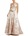 Mac Duggal Brocade Strapless Floral Gown With Bow Detail In Neutral