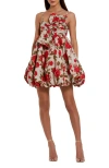 Mac Duggal Brocade Thin Strap Puff Mini Dress With Bow In White Multi