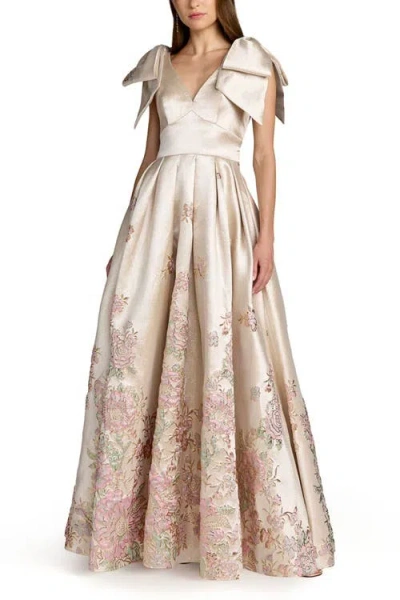 Mac Duggal Brocade V Neck Gown With Bow Straps In Multi