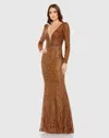 Mac Duggal Embellished Long Sleeve Plunge Trumpet Gown In Bronze In Brown