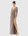 Mac Duggal Long Sleeve Faux Wrap Jersey Gown In Mocha