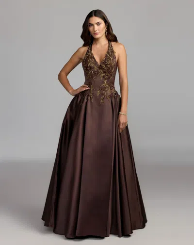 Mac Duggal Brown Halter Neck Floral Embroidered Satin A-line Gown In Chocolate