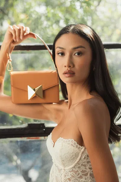 Mac Duggal Brown Mini Leather Shoulder Handbag With Gold Hardware