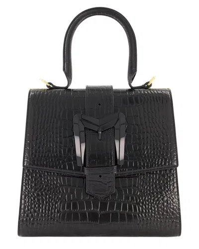 Mac Duggal Buckled Medium Croco Leather Handbag In Black