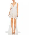 Mac Duggal Built In Bodysuit Tiered High Low Gown In White