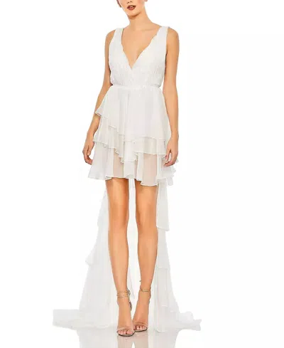 Mac Duggal Built In Bodysuit Tiered High Low Gown In White
