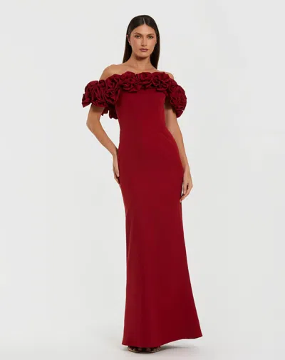 Mac Duggal Burgundy Crepe Off The Shoulder Column Gown With 3d Roses In Ruby