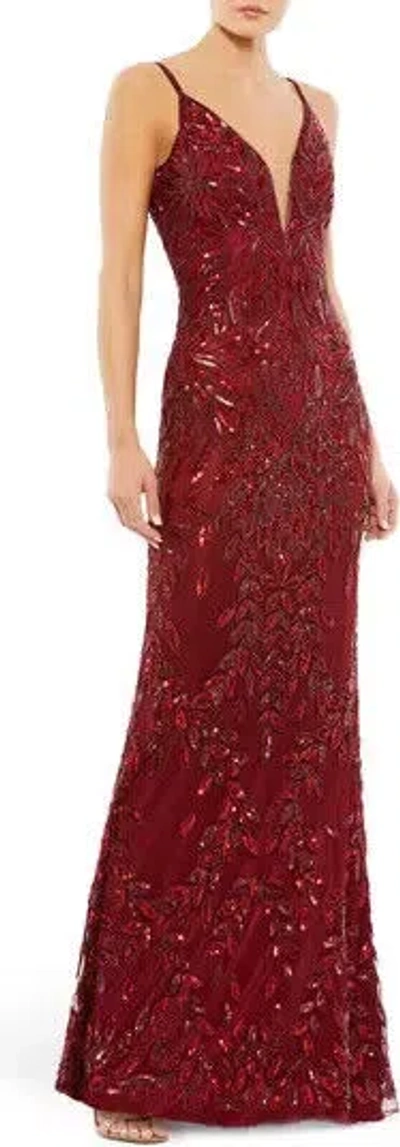 Pre-owned Mac Duggal Burgundy Red Beaded Sequin Leaf Mermaid Gown Size 10 $498