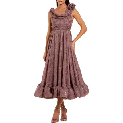 Mac Duggal Burnout Chiffon Sleeveless Cowl Neck Midi Dress In Brown