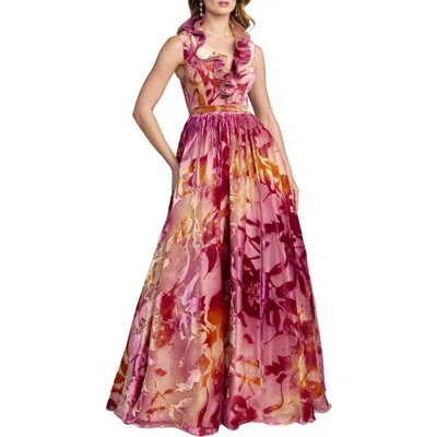 Mac Duggal Burnout Organza Ruffle V Neck Detail Ballgown In Pattern