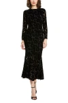 Mac Duggal Burnout Velvet Long Sleeve Ruffle Hem Midi Dress In Black