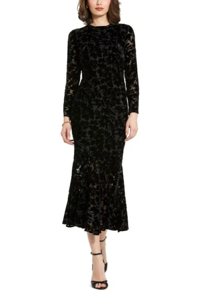 Mac Duggal Burnout Velvet Long Sleeve Ruffle Hem Midi Dress In Black