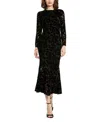 Mac Duggal Burnout Velvet Long Sleeve Ruffle Hem Midi Dress In Black