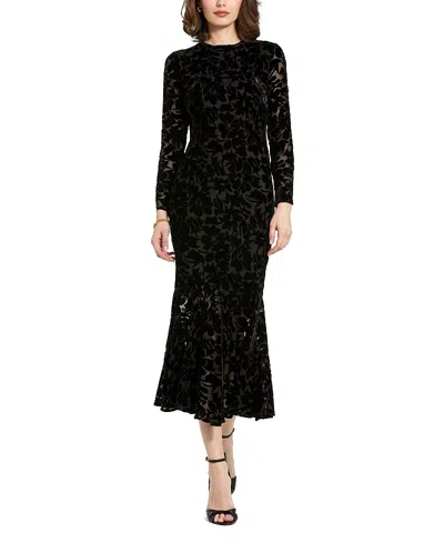 Mac Duggal Burnout Velvet Long Sleeve Ruffle Hem Midi Dress In Black