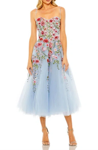 Mac Duggal Bustier Embroidered Floral A-line Dress In Blue
