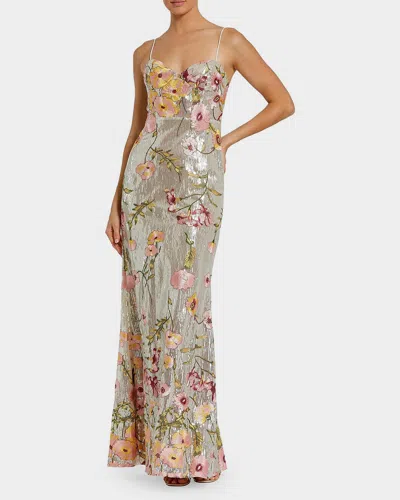 Mac Duggal Sleeveless Bustier Floral Applique Gown In Silver Multi