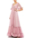 Mac Duggal Romantic Ruffled Butterfly Sleeve Gown With Wrap-over V-neck And Tiered Skirt In Pink