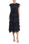 Mac Duggal Button Up Cap Sleeve Boucle A Line Midi Dress In Blue