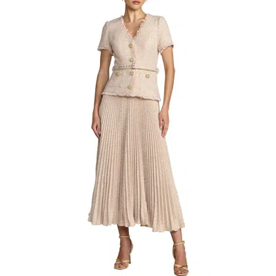 Mac Duggal Buttoned Bouclé Pleated Midi Dress In Neutral