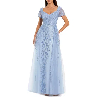 Mac Duggal Cap Sleeve Beaded Embroidered Overskirt Gown In Powder Blue