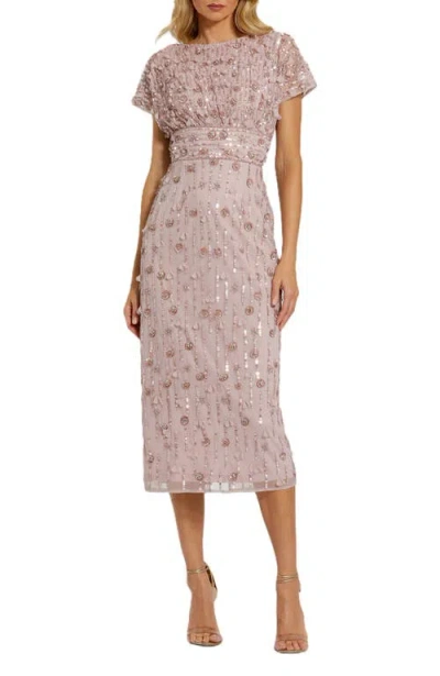 Mac Duggal Cap Sleeve Column Midi Dress With Floral Beading In Vintage Lilac