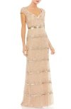 Mac Duggal Cap Sleeve Embellished Column Gown In Multi