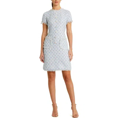 MAC DUGGAL MAC DUGGAL FLORAL BUTTONS AND PEARL DETAILING BOUCLE SHIFT DRESS