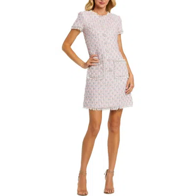 MAC DUGGAL MAC DUGGAL FLORAL BUTTONS AND PEARL DETAILING BOUCLE SHIFT DRESS