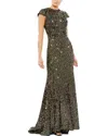 Mac Duggal Sequined Cap Sleeve High Neck Gown In Black