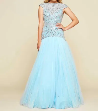Mac Duggal Cap Sleeve Ornate Illusion Trumpet Gown In Ice Blue