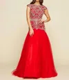 Mac Duggal Cap Sleeve Ornate Illusion Trumpet Gown In Red In Red