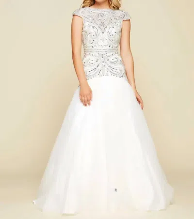 Mac Duggal Cap Sleeve Ornate Illusion Trumpet Gown In White/silver In Multi
