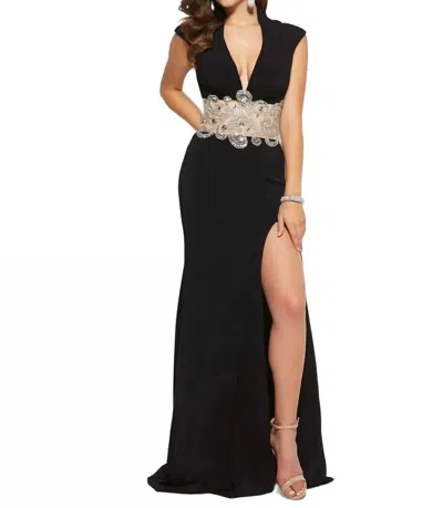 Mac Duggal Cap Sleeve Plunging V-neck Prom Dress In Black