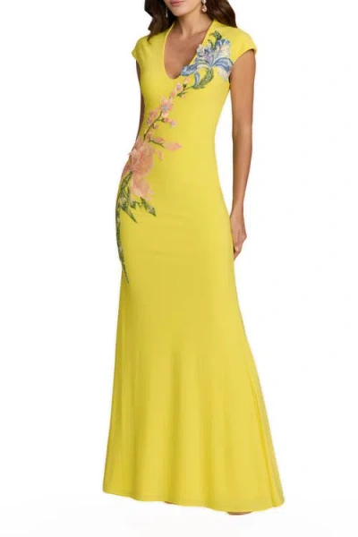 Mac Duggal Cap Sleeve Scoop Neck Jersey Floral Detail Gown In Yellow