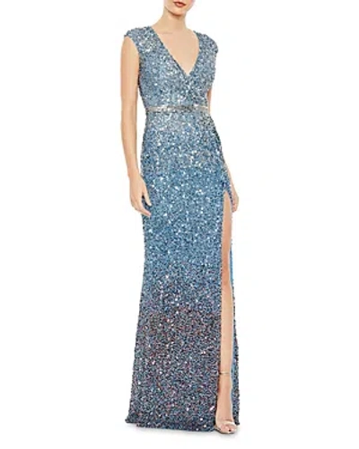 Mac Duggal Cap Sleeve Sequin Gown In Blue Ombre
