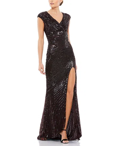 Mac Duggal Cap Sleeve Sequined Evening Gown In Black