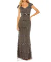 Mac Duggal Cap Sleeve Sweetheart Neckline Beaded Sequin Column Gown In Charcoal