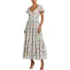Mac Duggal Cap Sleeve V Neck Open Back Floral Cotton Dress In White Multi