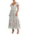 Mac Duggal Cap Sleeve V Neck Open Back Floral Cotton Dress In White Multi