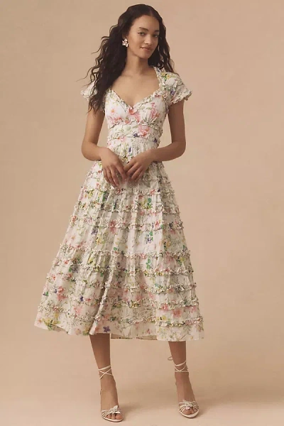 Mac Duggal Cap-sleeve V-neck Open-back Floral Midi Dress