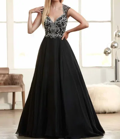 Mac Duggal Cap Sleeves Beaded Ball Gown In Black