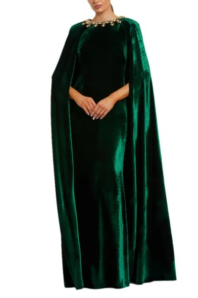 Mac Duggal Cape Gown With Embellished Neckline In Green