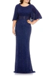 Mac Duggal Navy Embellished Cape Sleeve Gown (plus) In Midnight