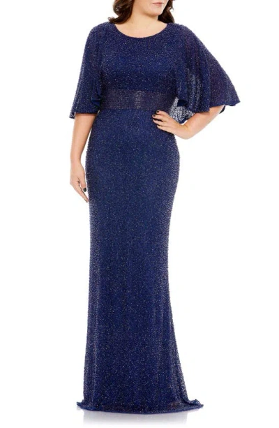 Mac Duggal Navy Embellished Cape Sleeve Gown (plus) In Midnight