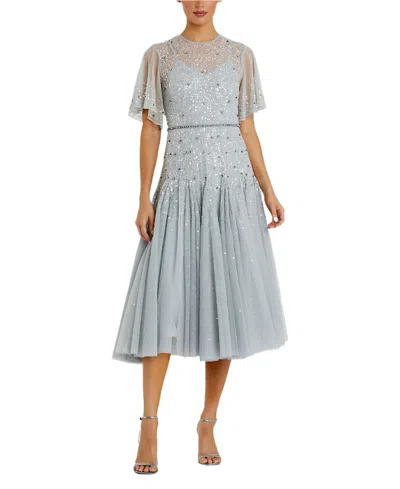 Mac Duggal Cape Sleeve Beaded Tea Length A-line Dress In Powder Blue