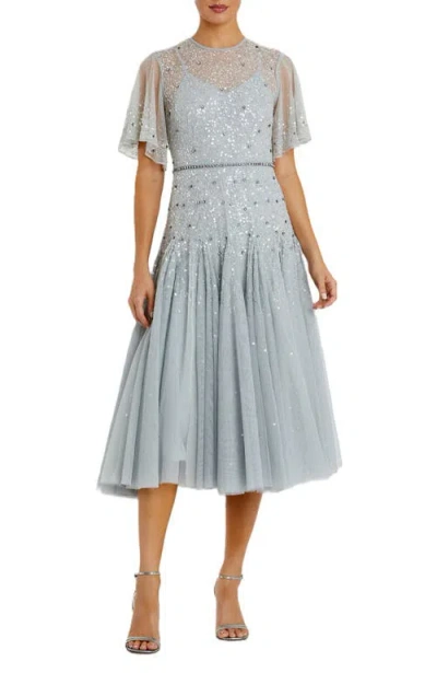 MAC DUGGAL MAC DUGGAL CAPE SLEEVE BEADED TEA LENGTH A-LINE DRESS